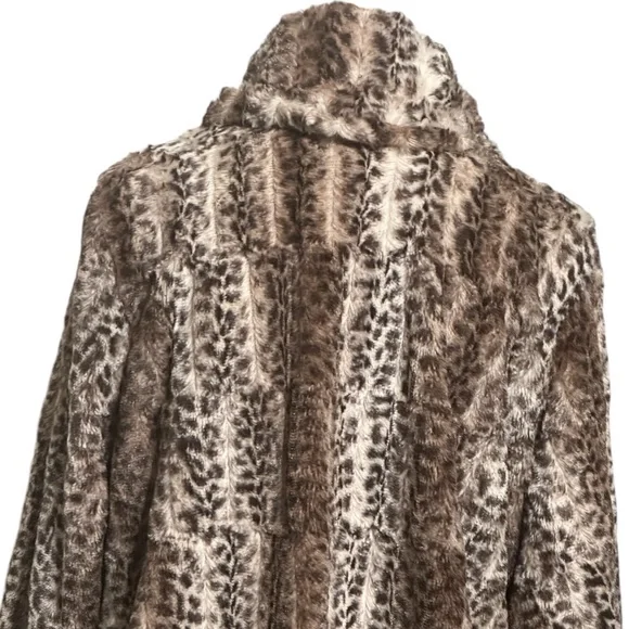 Faux Fur Leopard Print 3/4 Sleeve Jacket Snap Front Coat Collar - Picture 7 of 11